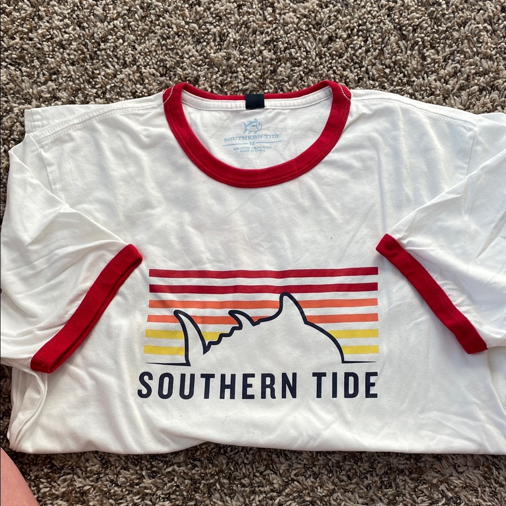 Southern Tide White Tee with Red Trim and Multicolor Stripe Shark Graphic